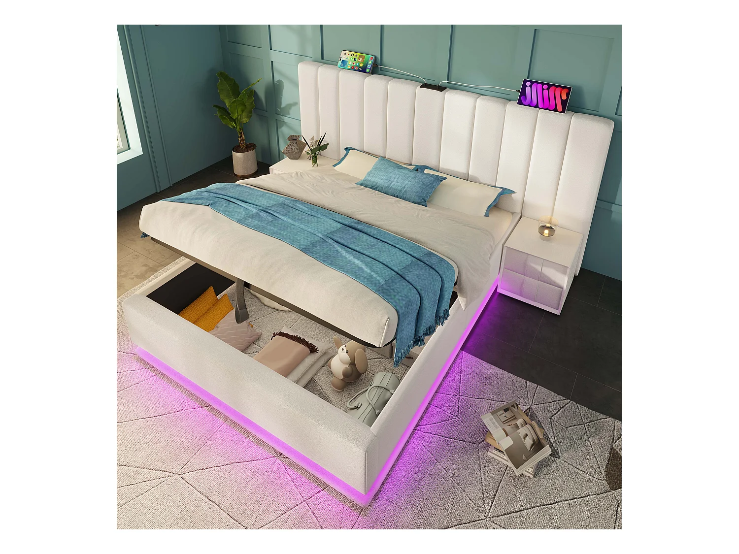 Lit coffre adulte 160x200 cm - LED et USB-C - PU Blanc (sans matelas sans table de nuit)