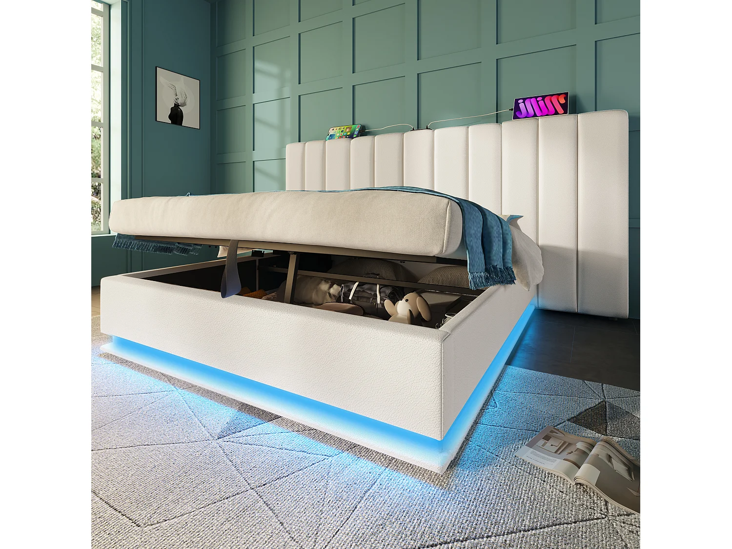 Lit coffre adulte 160x200 cm - LED et USB-C - PU Blanc (sans matelas sans table de nuit)