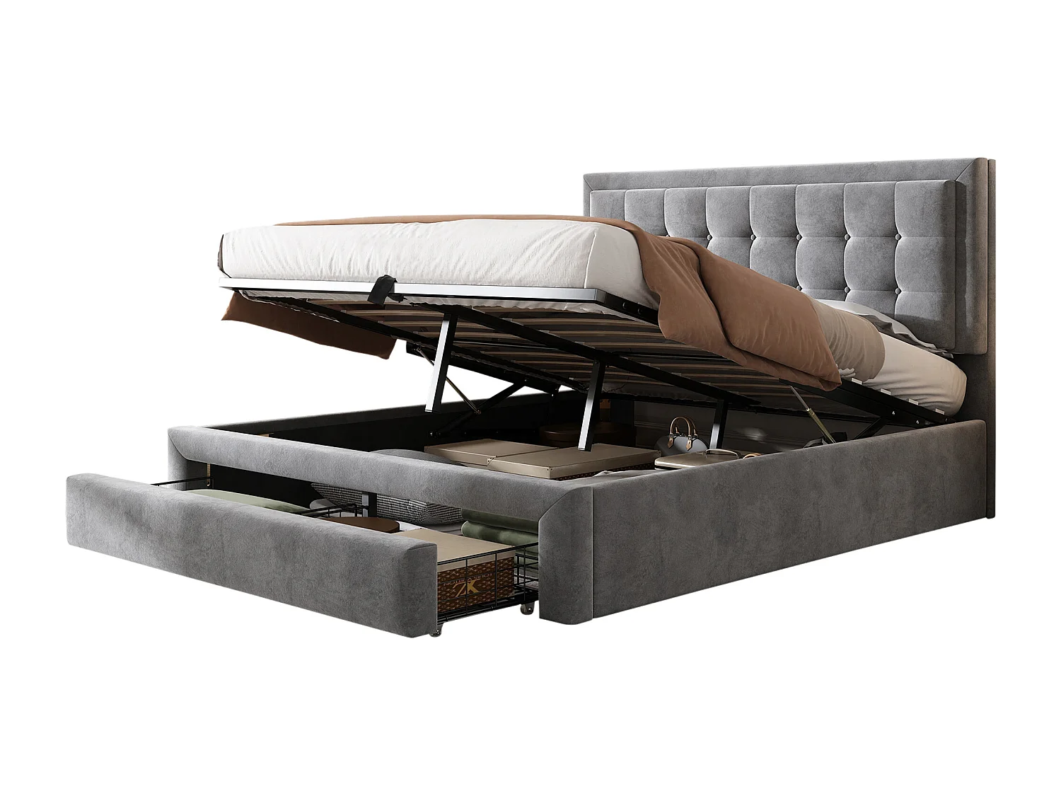 Lit coffre adulte 140x200 cm avec tiroirs - Housse en velours gris résistant (matelas non fourni)