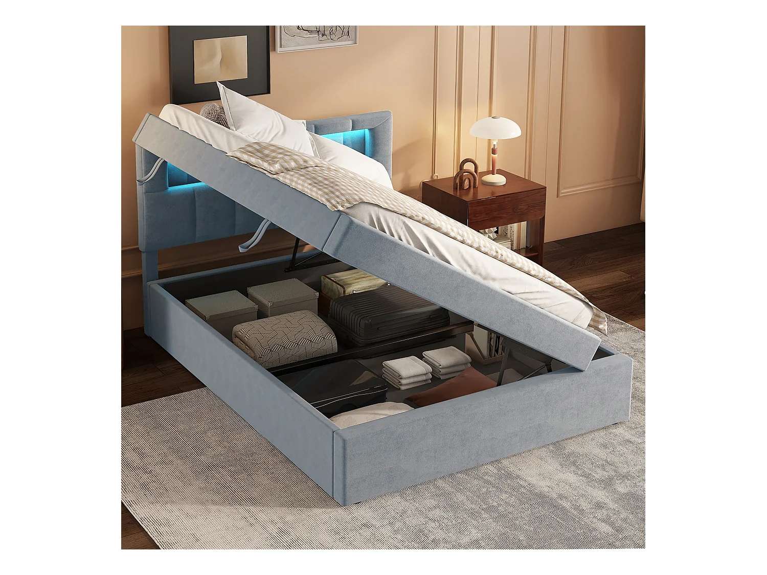 Lit coffre enfant 90x200 cm en velours gris - Lit avec éclairage ambiant, tête de lit réglable(sans matelas)