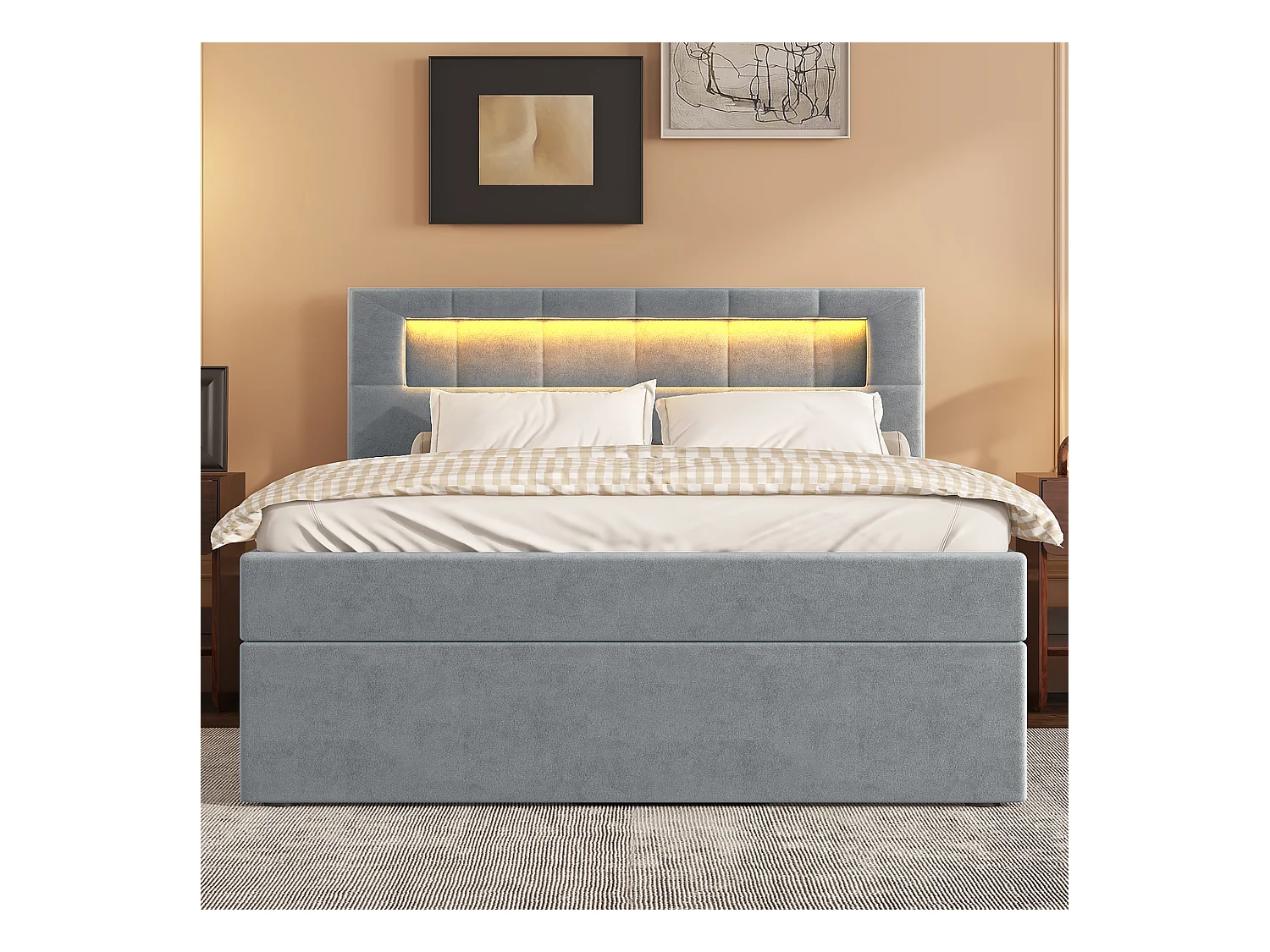 Lit coffre enfant 90x200 cm en velours gris - Lit avec éclairage ambiant, tête de lit réglable(sans matelas)