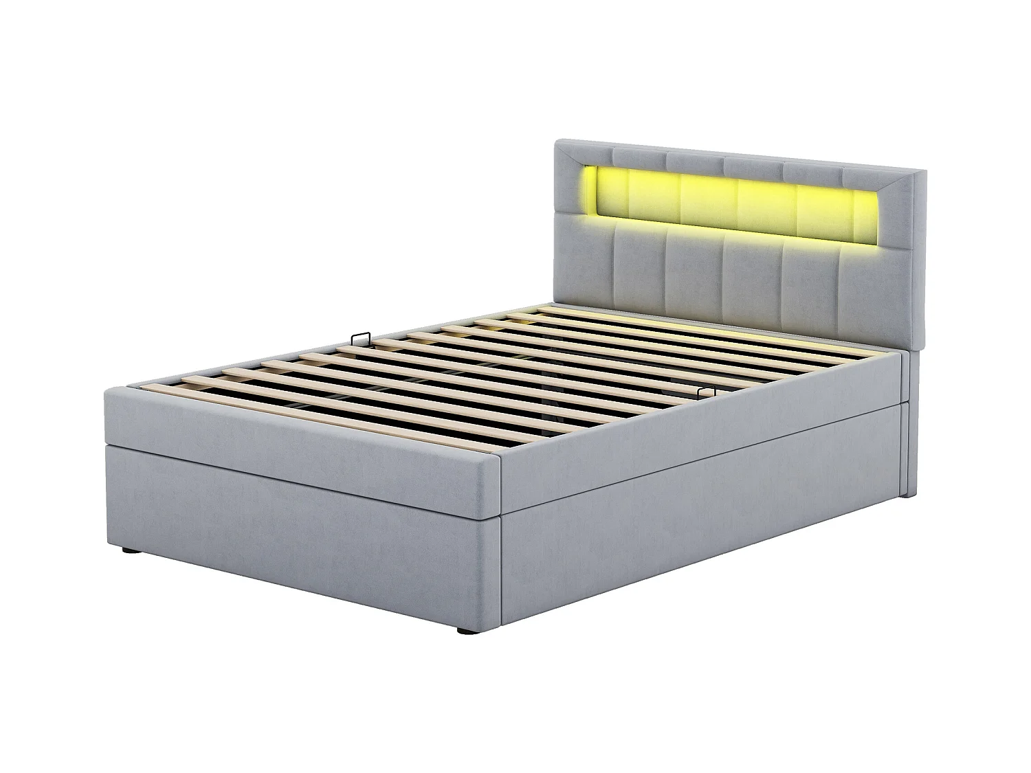 Lit coffre enfant 90x200 cm en velours gris - Lit avec éclairage ambiant, tête de lit réglable(sans matelas)