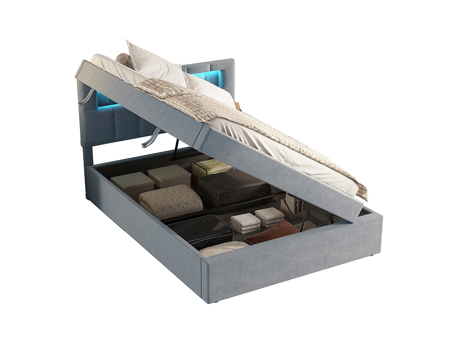 Lit coffre enfant 90x200 cm en velours gris - Lit avec éclairage ambiant, tête de lit réglable(sans matelas)