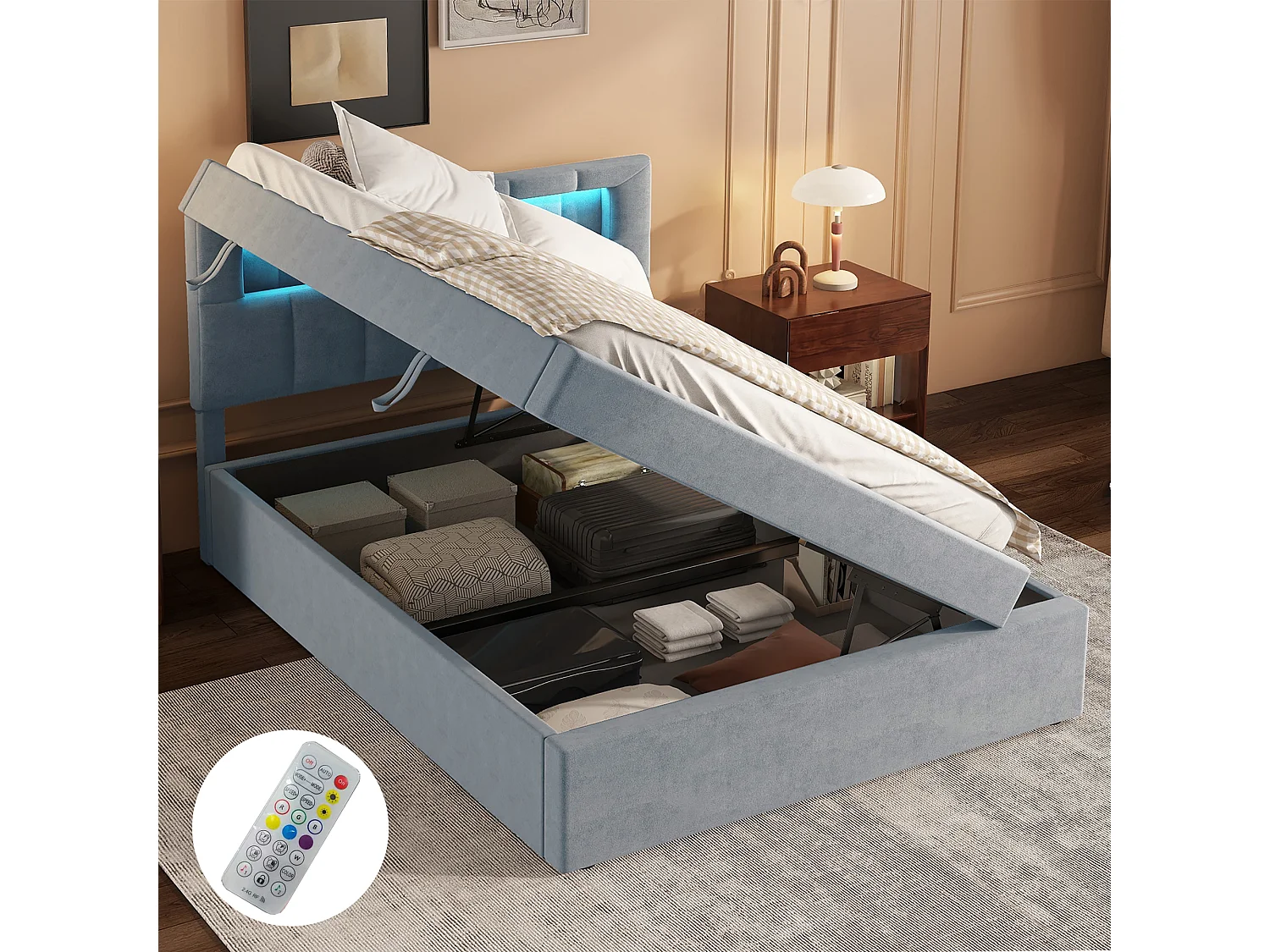 Lit coffre enfant 90x200 cm en velours gris - Lit avec éclairage ambiant, tête de lit réglable(sans matelas)