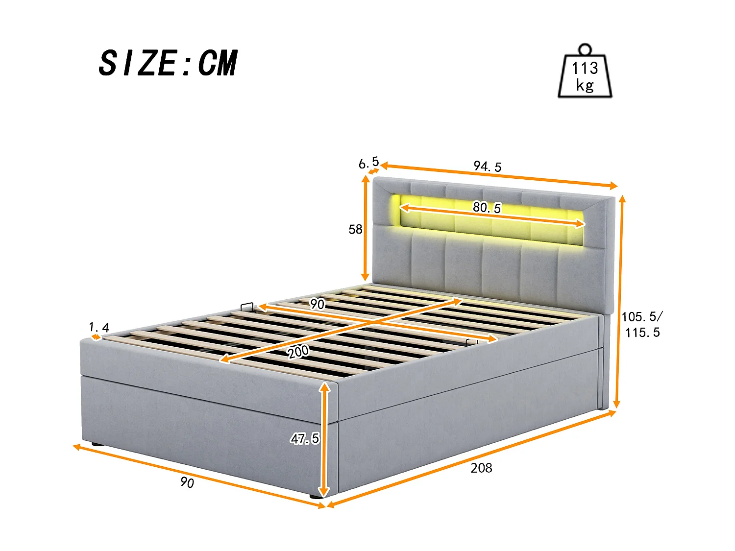 Lit coffre enfant 90x200 cm en velours gris - Lit avec éclairage ambiant, tête de lit réglable(sans matelas)
