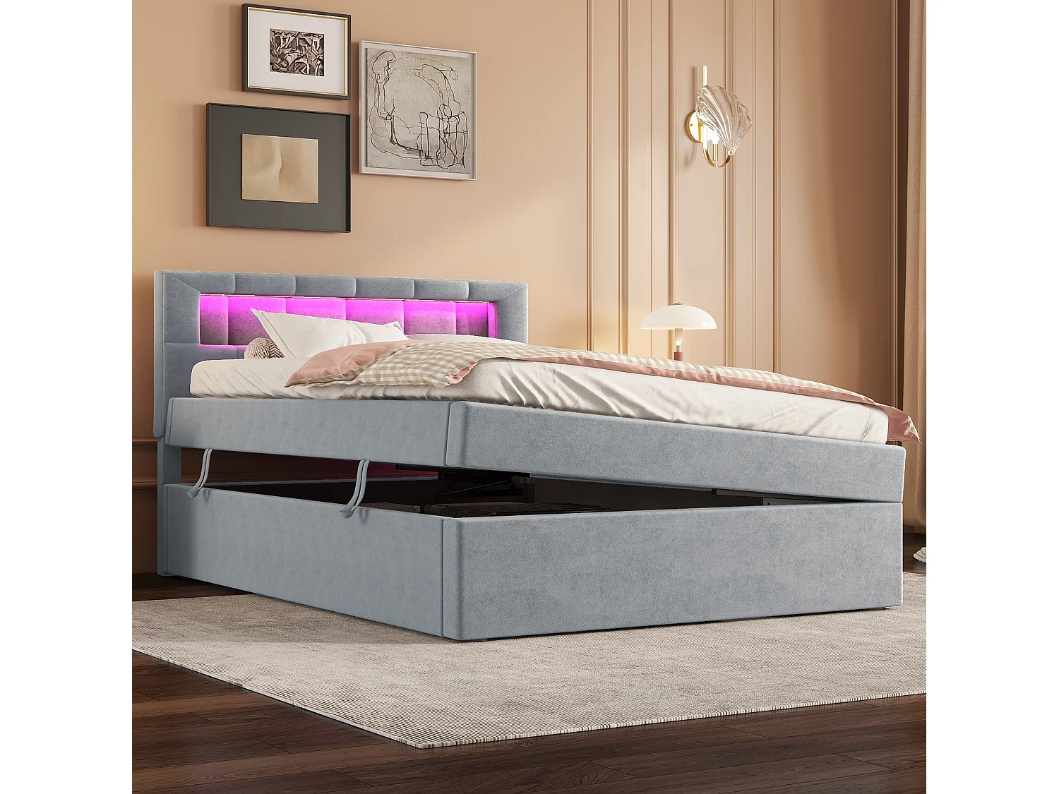 Lit coffre enfant 90x200 cm en velours gris - Lit avec éclairage ambiant, tête de lit réglable(sans matelas)