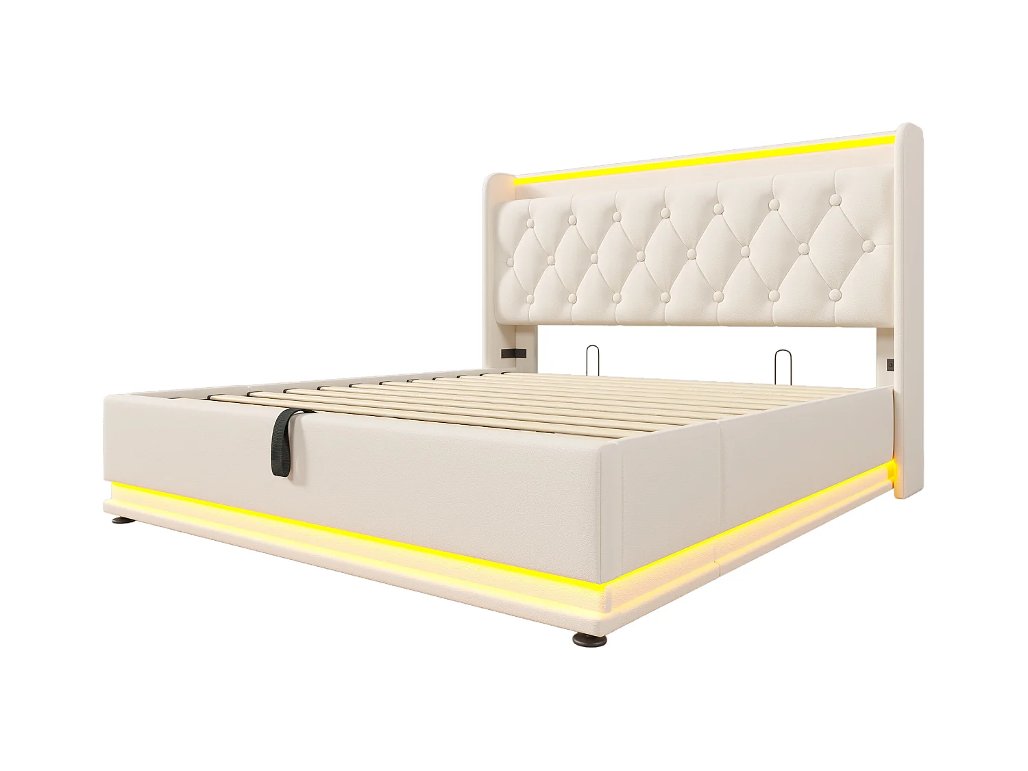 Letto contenitore doppio 140x200 cm - Testiera con LED e ricarica USB Type-C - PU bianco (senza materasso)