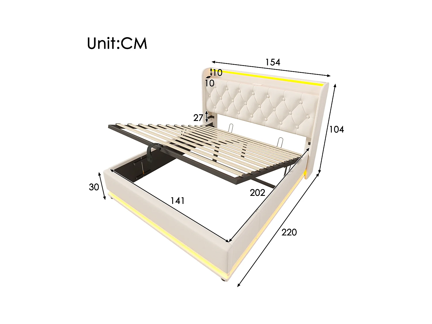 Lit coffre adulte 140x200 cm - Tête de lit avec LED et charge USB Type-C - PU blanc, sans matelas