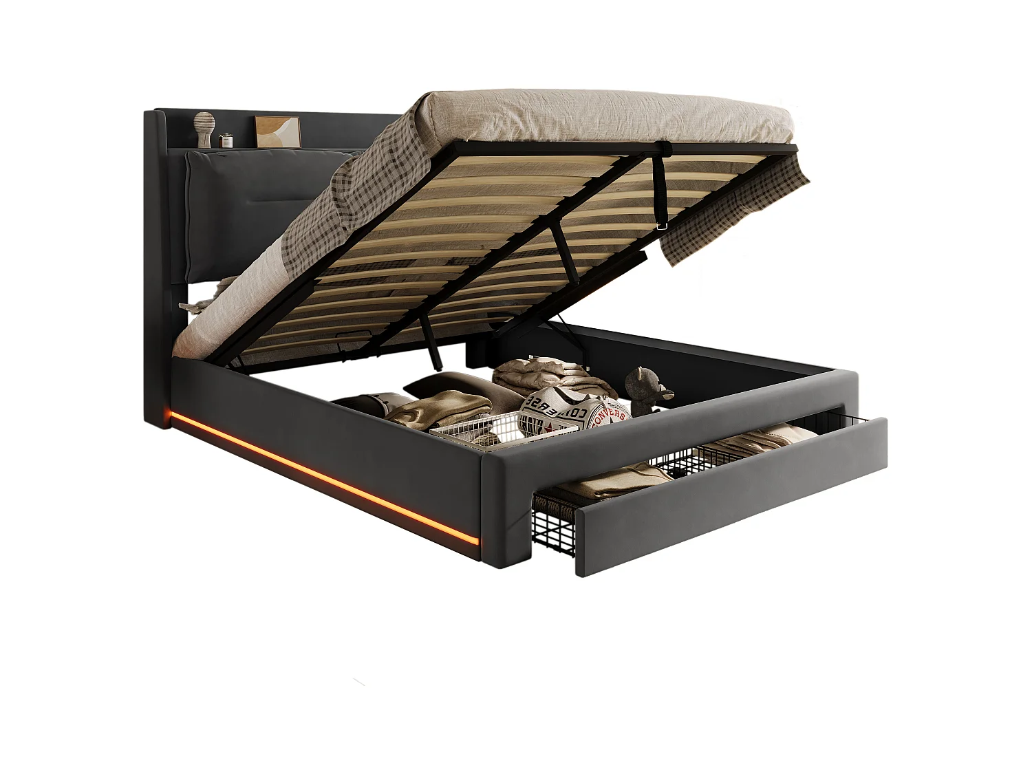 Opbergbed dubbel 140x190 cm met LED, 2-in-1 opberglades aan voeteneind, grijs fluweel (zonder matras)