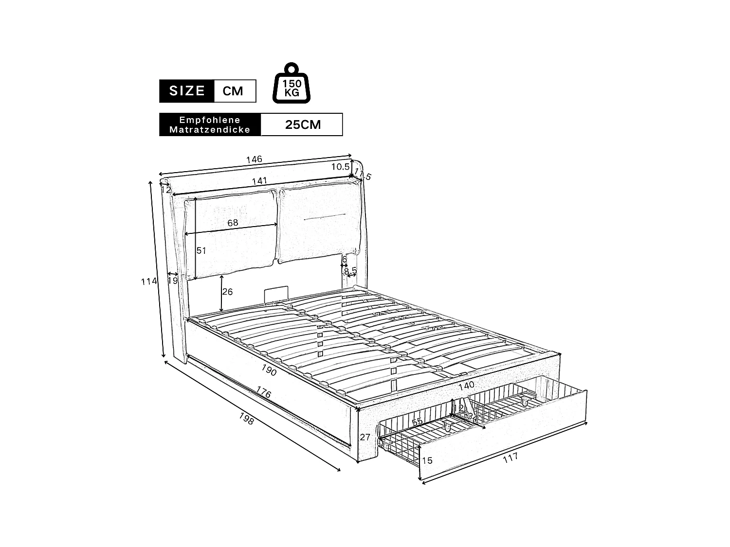 Opbergbed dubbel 140x190 cm met LED, 2-in-1 opberglades aan voeteneind, grijs fluweel (zonder matras)