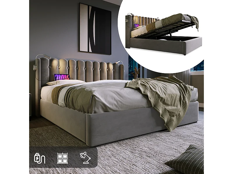 Lit coffre adulte 160x200 cm avec tête de lit, éclairage de lecture et USB, velours Gris, sans matelas