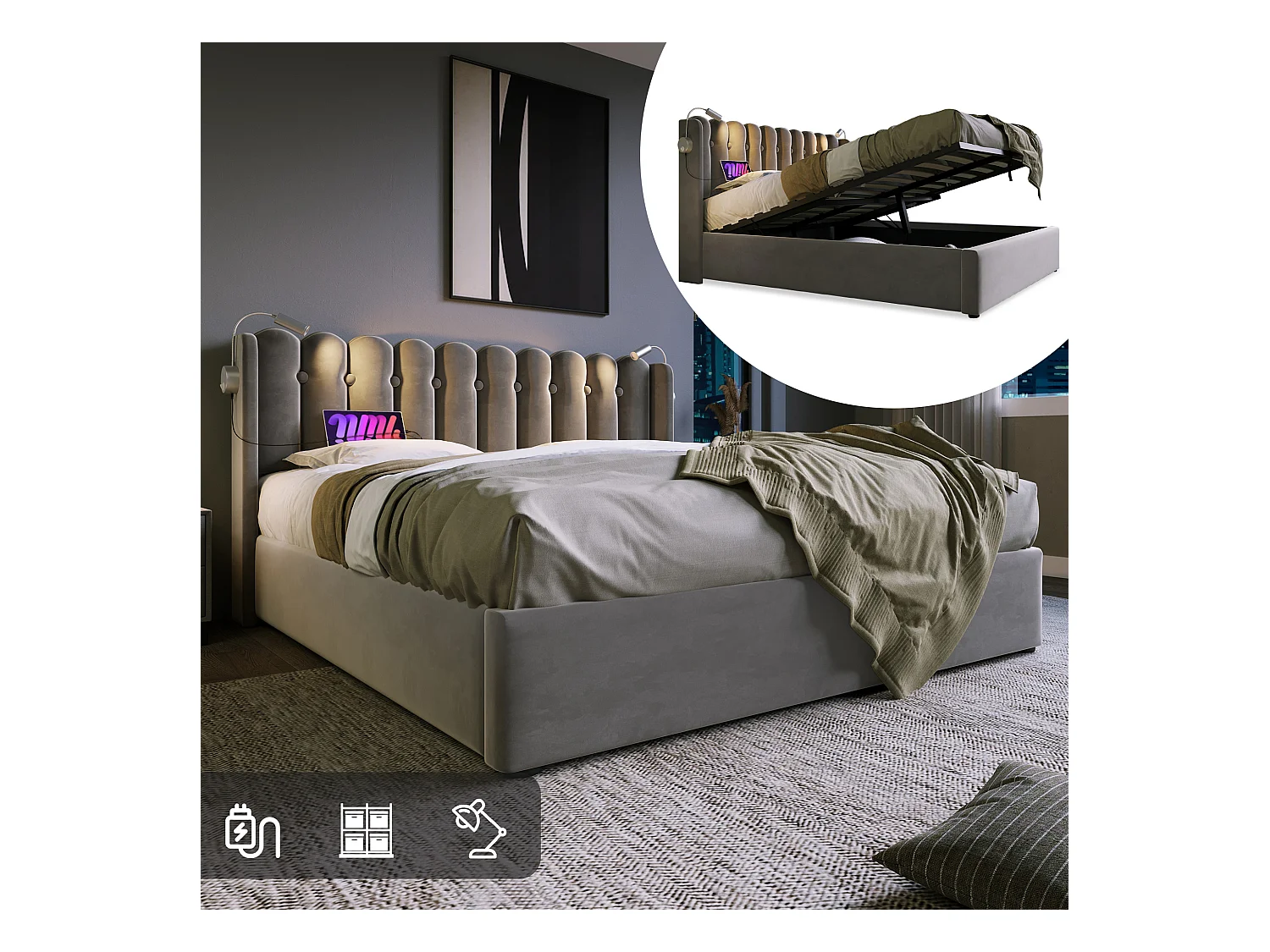 Lit coffre adulte 160x200 cm avec tête de lit, éclairage de lecture et USB, velours Gris, sans matelas