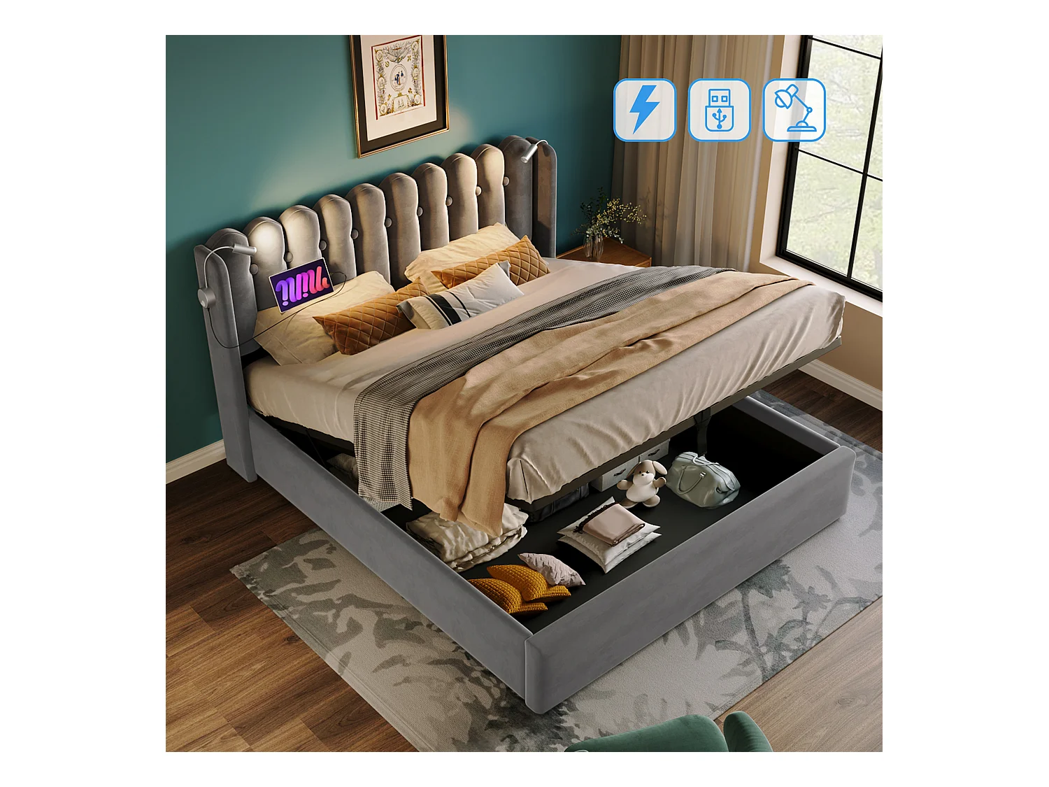 Lit coffre adulte 160x200 cm avec tête de lit, éclairage de lecture et USB, velours Gris, sans matelas