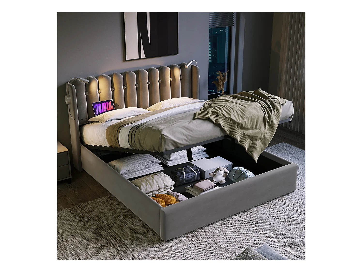 Lit coffre adulte 160x200 cm avec tête de lit, éclairage de lecture et USB, velours Gris, sans matelas