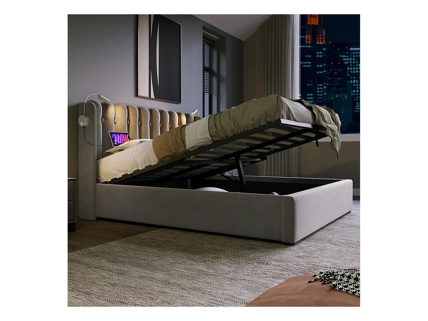 Lit coffre adulte 160x200 cm avec tête de lit, éclairage de lecture et USB, velours Gris, sans matelas