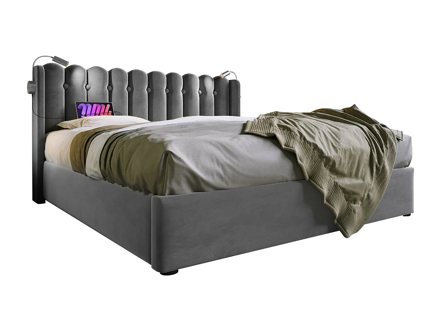 Lit coffre adulte 160x200 cm avec tête de lit, éclairage de lecture et USB, velours Gris, sans matelas