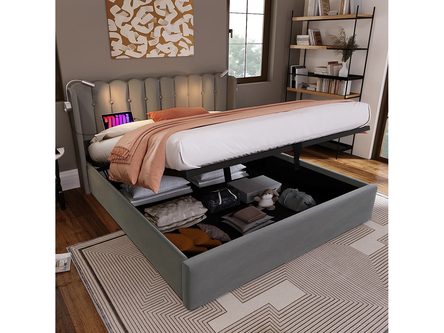 Lit coffre adulte 160x200 cm avec tête de lit, éclairage de lecture et USB, velours Gris, sans matelas