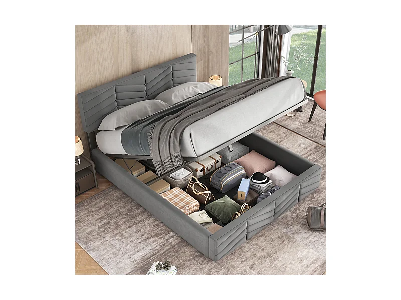 Lit coffre adulte 140x200 cm avec Tête de lit réglable, velours gris, sans matelas