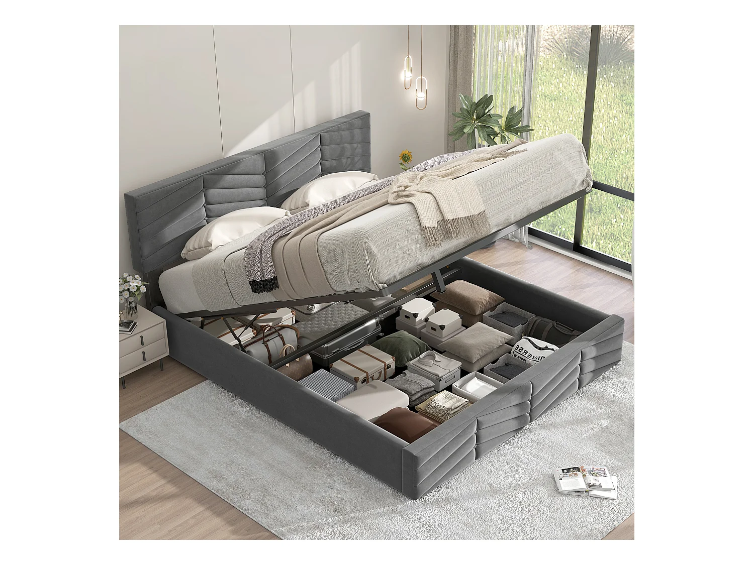 Lit coffre adulte 140x200 cm avec Tête de lit réglable, velours gris, sans matelas