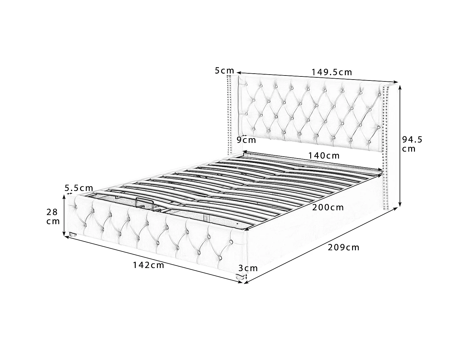 Lit coffre adulte 140x200 cm, forme d'oreilles, couture à boutons sur la tête et le pied de lit– Beige(sans matelas)
