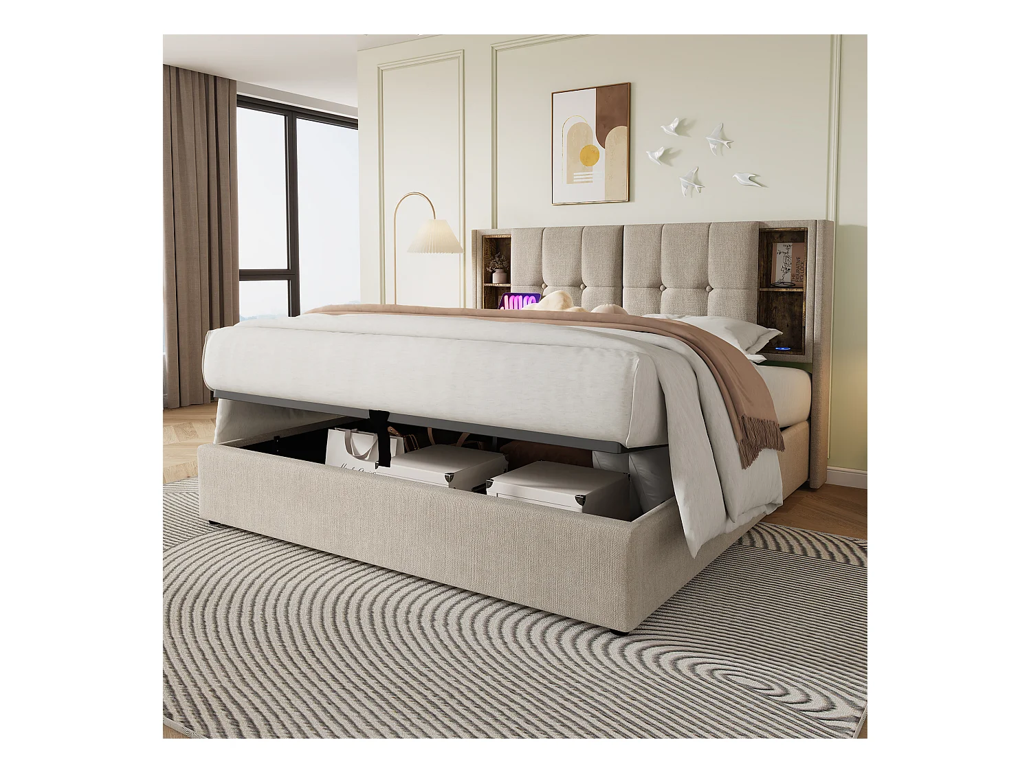Tweepersoons opbergbed 140x200 cm met draadloze USB-C - Houten lattenbodem - Natuurlijk linnen (zonder matras)
