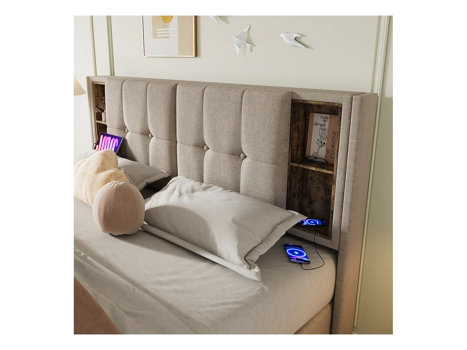 Tweepersoons opbergbed 140x200 cm met draadloze USB-C - Houten lattenbodem - Natuurlijk linnen (zonder matras)