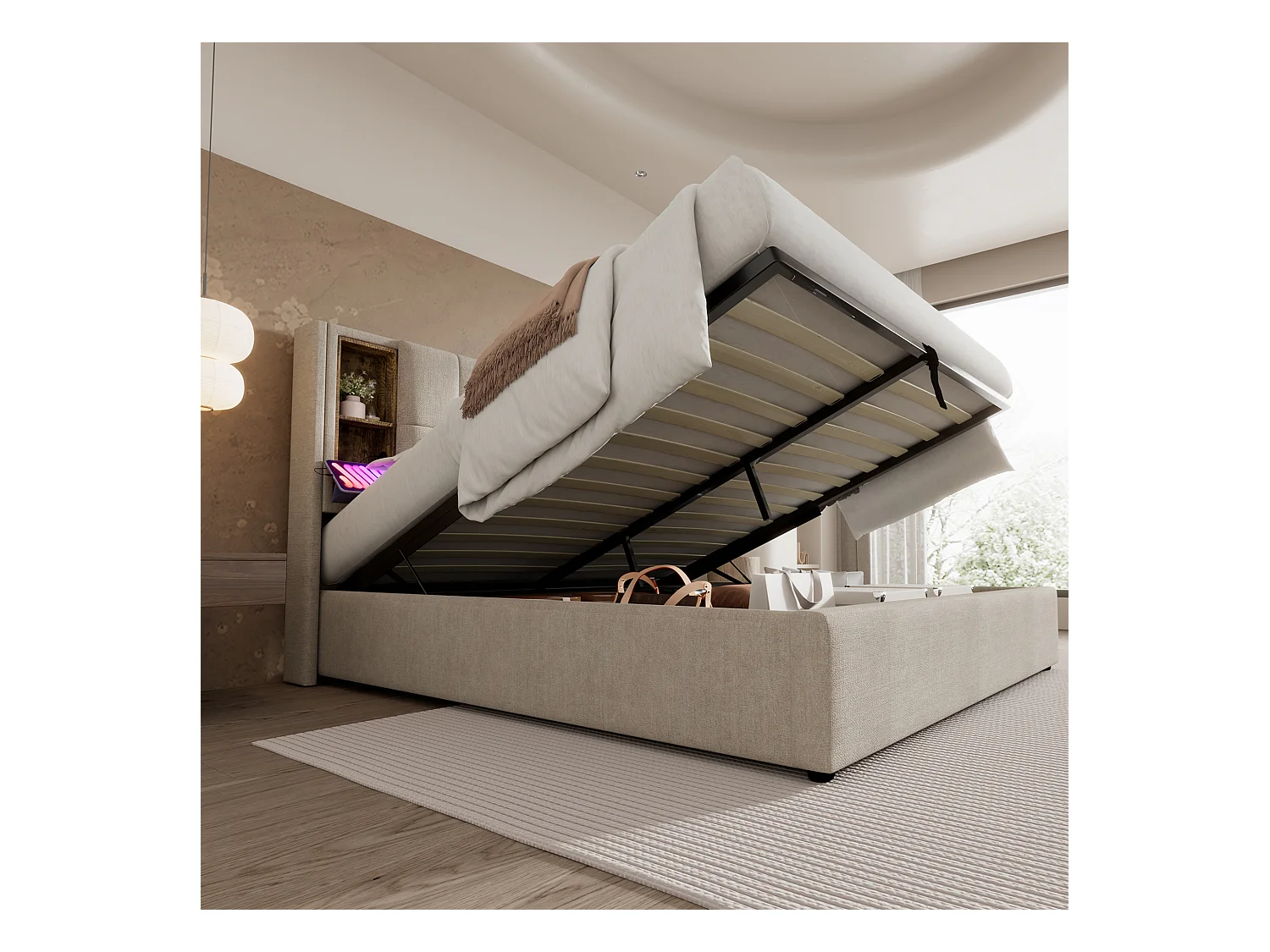 Lit coffre double 140x200 cm avec USB-C sans fil - Sommier en bois - Lin naturel(sans matelas)