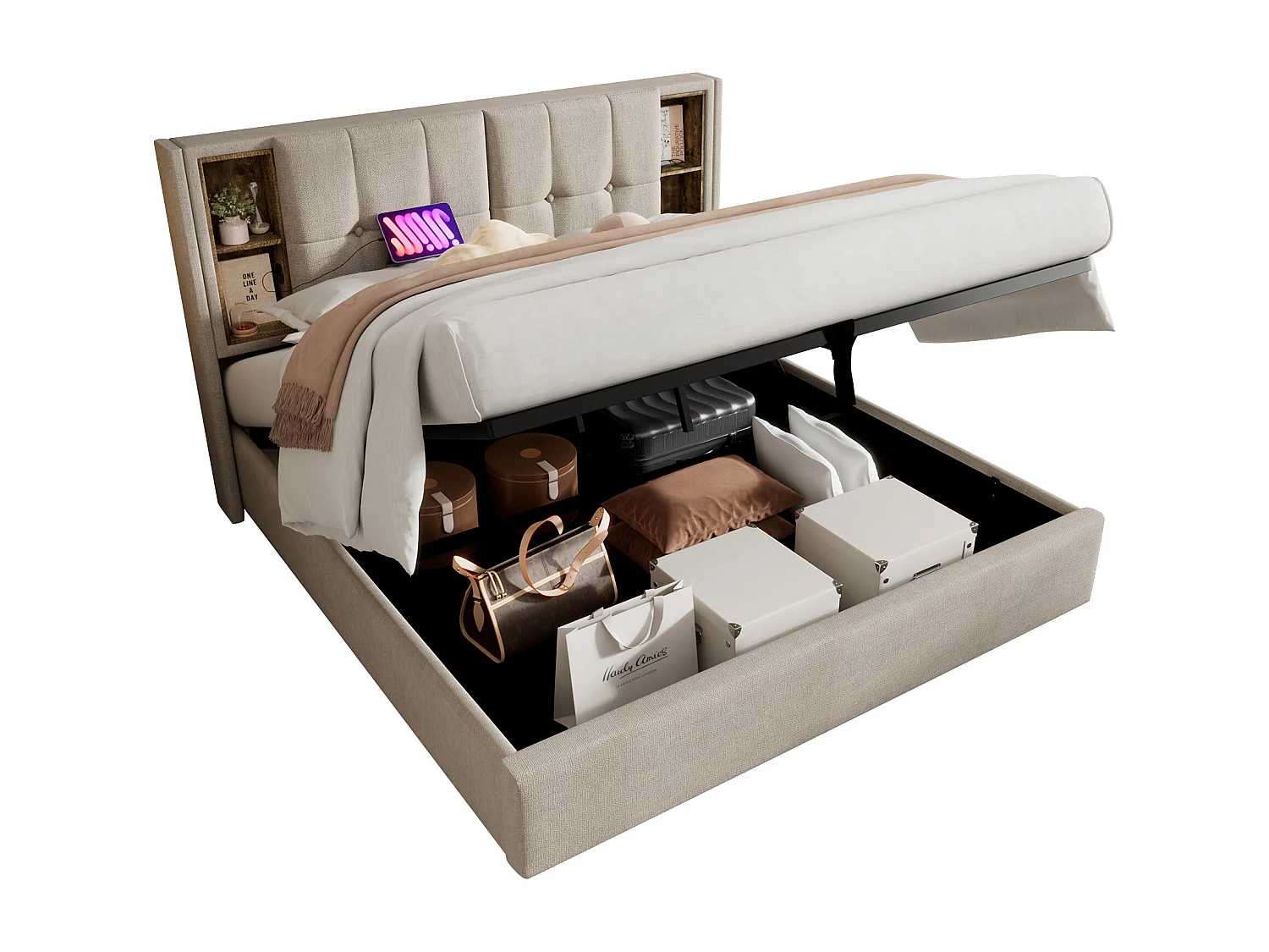 Cama baú dupla 140x200 cm com USB-C sem fio - Estrado de madeira - Linho natural (sem colchão)