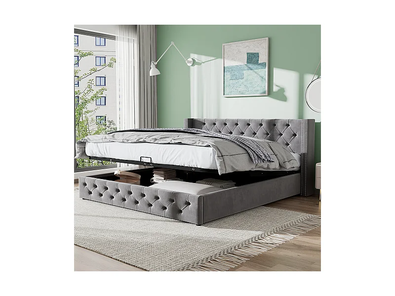 Lit coffre adulte 140x200 cm, forme oreilles, flanelle Gris avec tête de lit capitonné, sans matelas