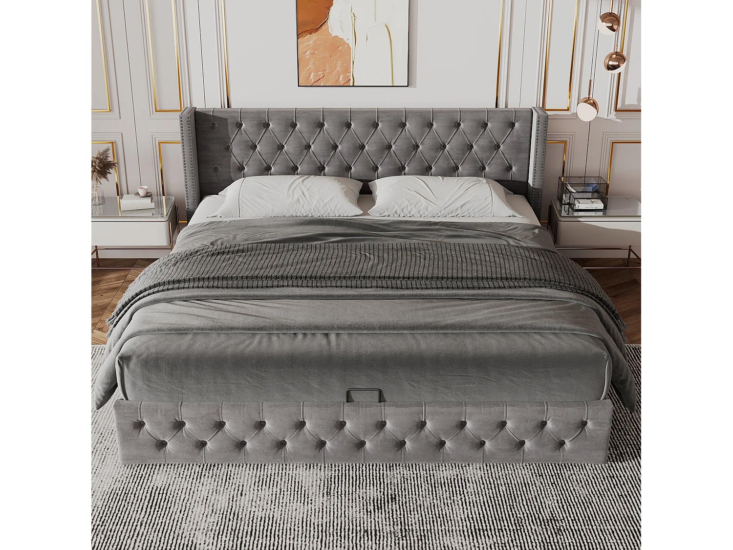 Cama de casal com arrumação 140x200 cm, formato de orelhas, flanela cinzenta com cabeceira acolchoada (sem colchão)