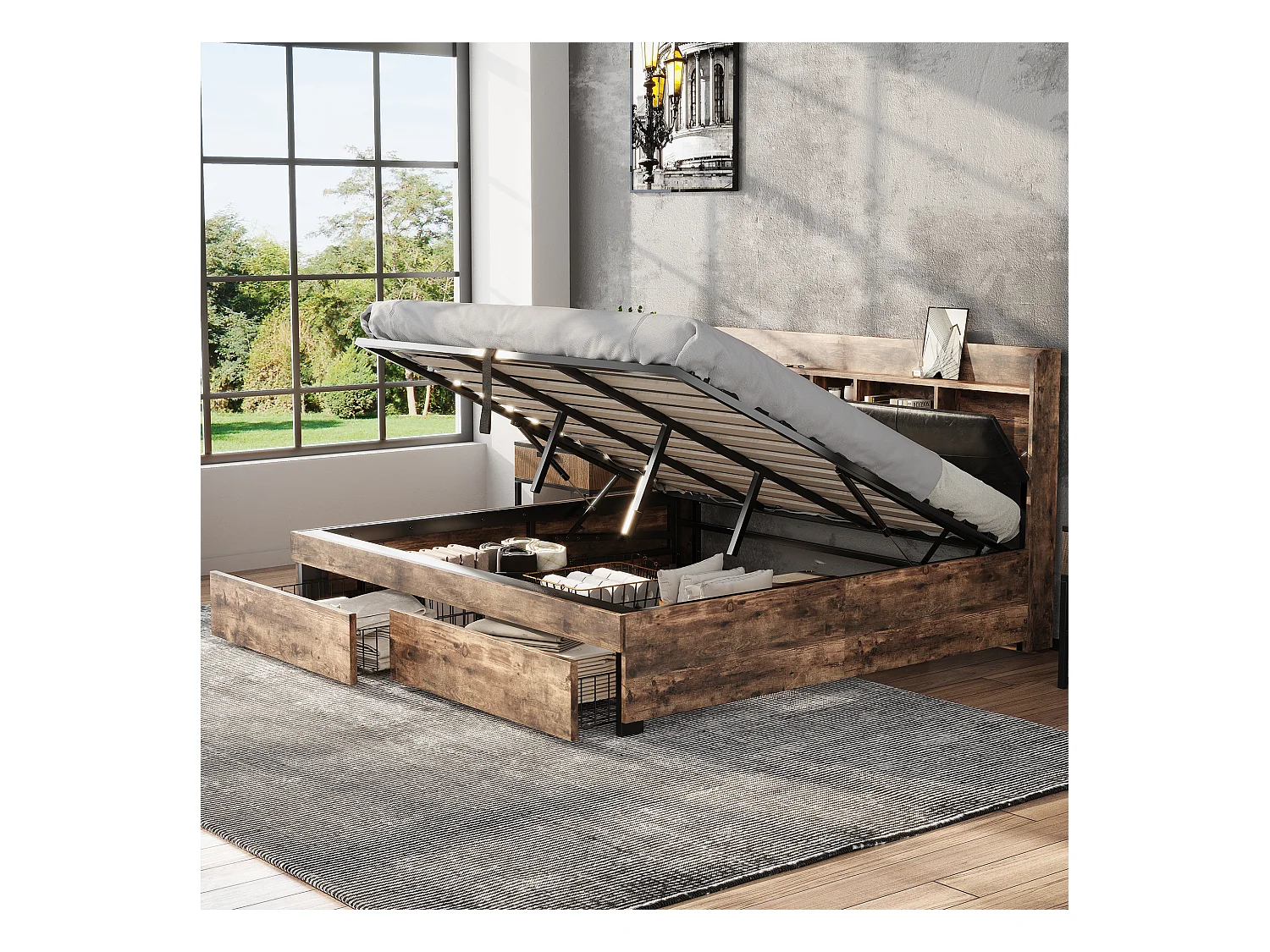 Lit coffre adulte en métal 180x200 cm avec tête de lit et sommier à lattes en métal, Bois + Noir (sans matelas)
