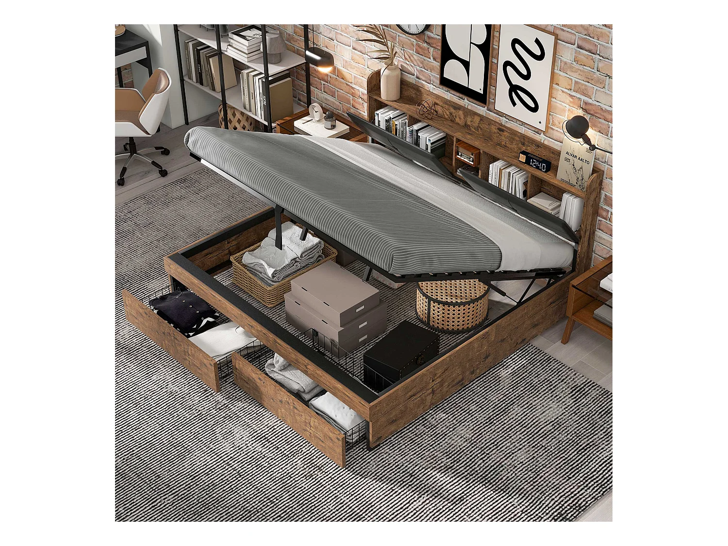 Lit coffre adulte en métal 180x200 cm avec tête de lit et sommier à lattes en métal, Bois + Noir (sans matelas)