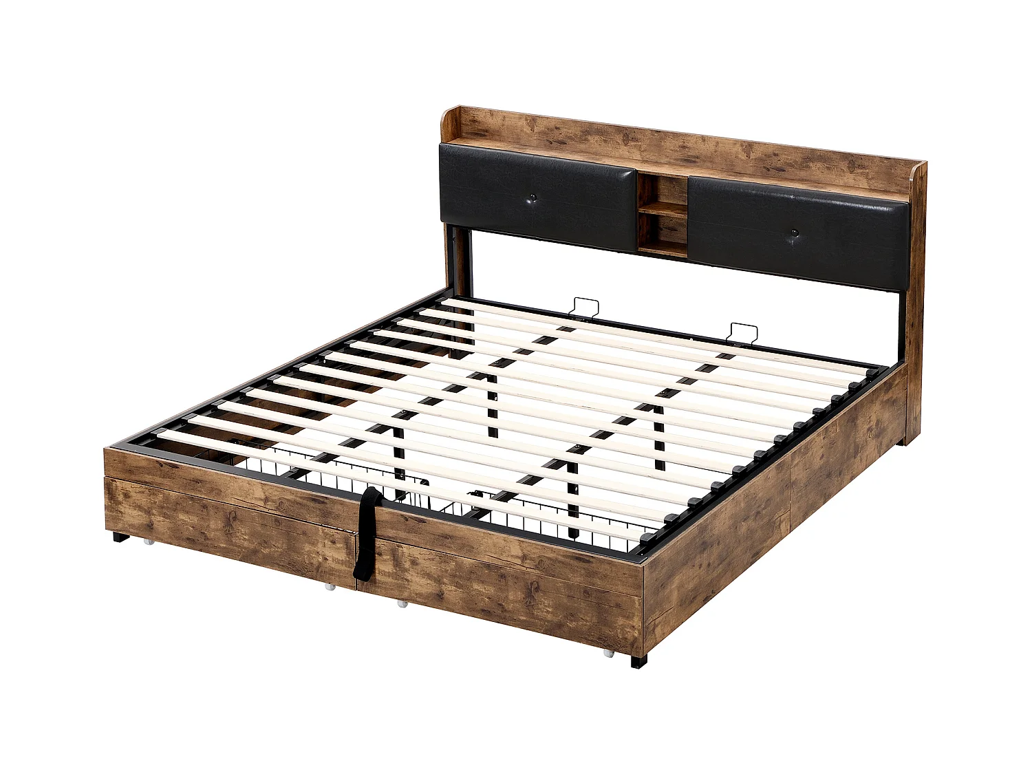 Lit coffre adulte en métal 180x200 cm avec tête de lit et sommier à lattes en métal, Bois + Noir (sans matelas)