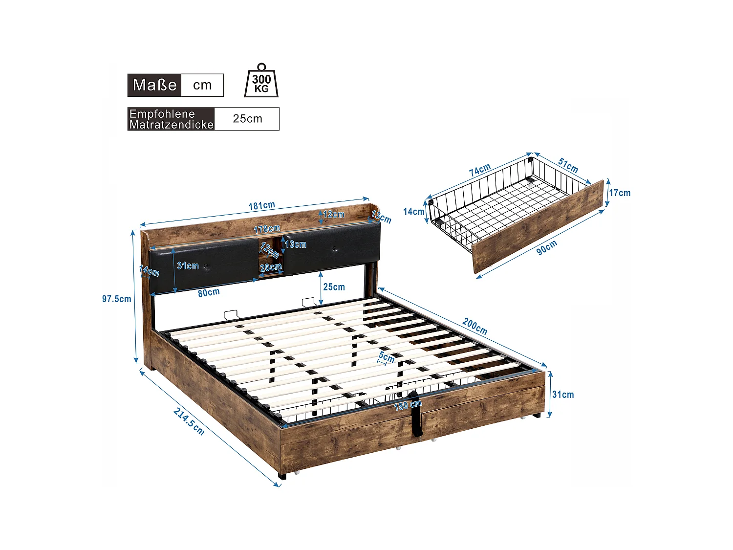 Lit coffre adulte en métal 180x200 cm avec tête de lit et sommier à lattes en métal, Bois + Noir (sans matelas)