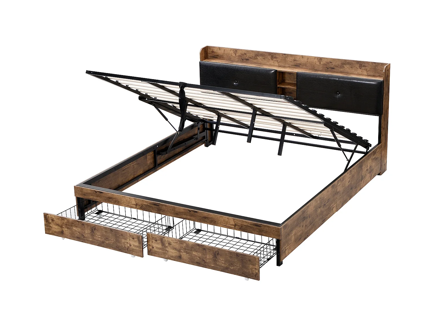 Lit coffre adulte en métal 180x200 cm avec tête de lit et sommier à lattes en métal, Bois + Noir (sans matelas)