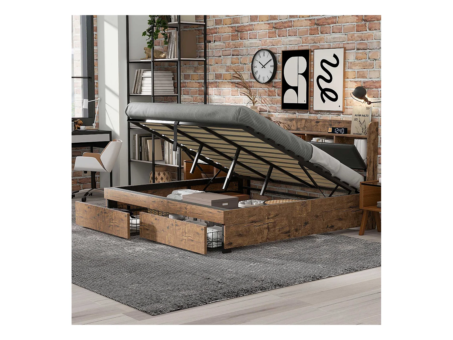 Lit coffre adulte en métal 180x200 cm avec tête de lit et sommier à lattes en métal, Bois + Noir (sans matelas)