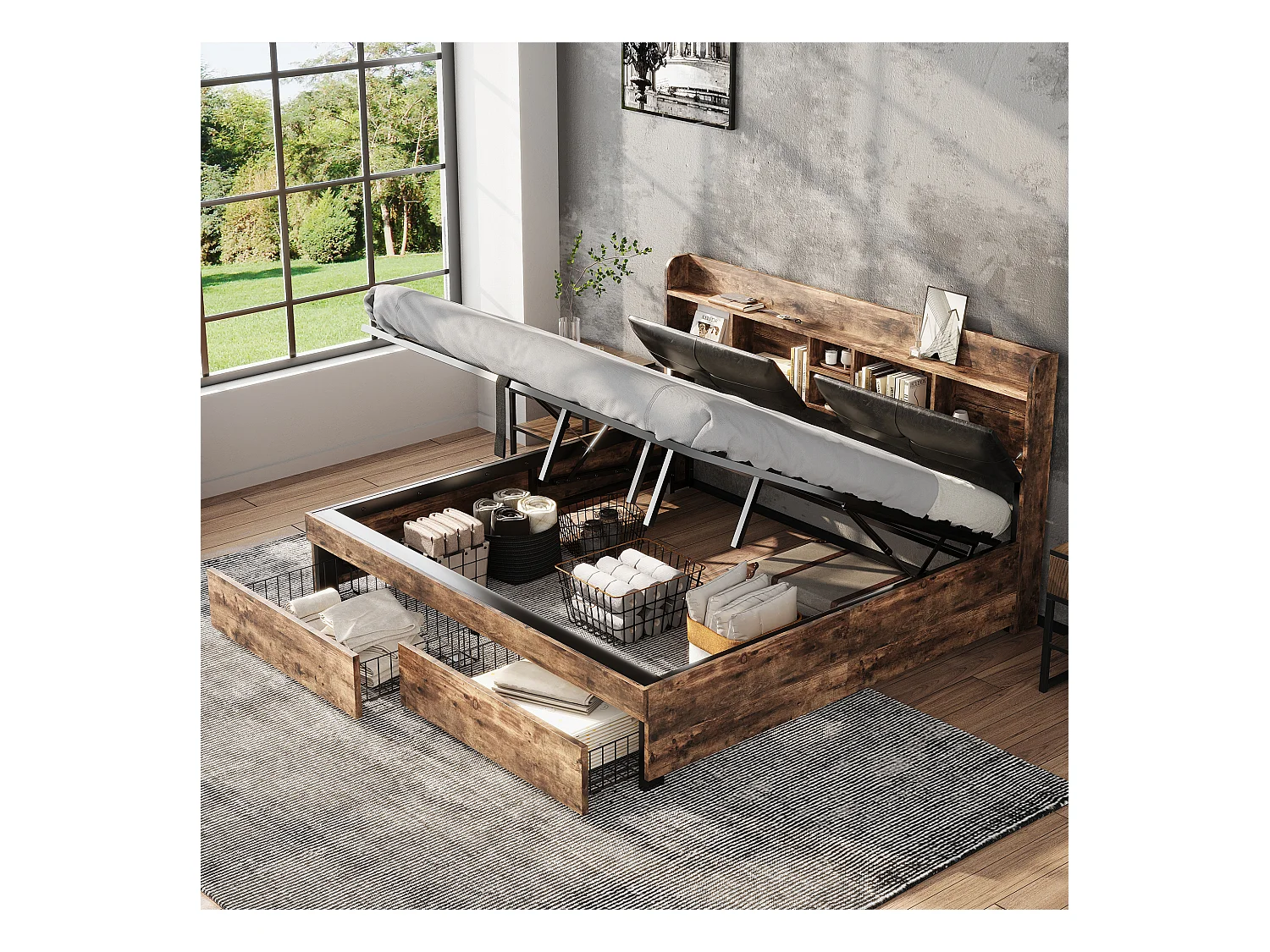 Lit coffre adulte en métal 180x200 cm avec tête de lit et sommier à lattes en métal, Bois + Noir (sans matelas)