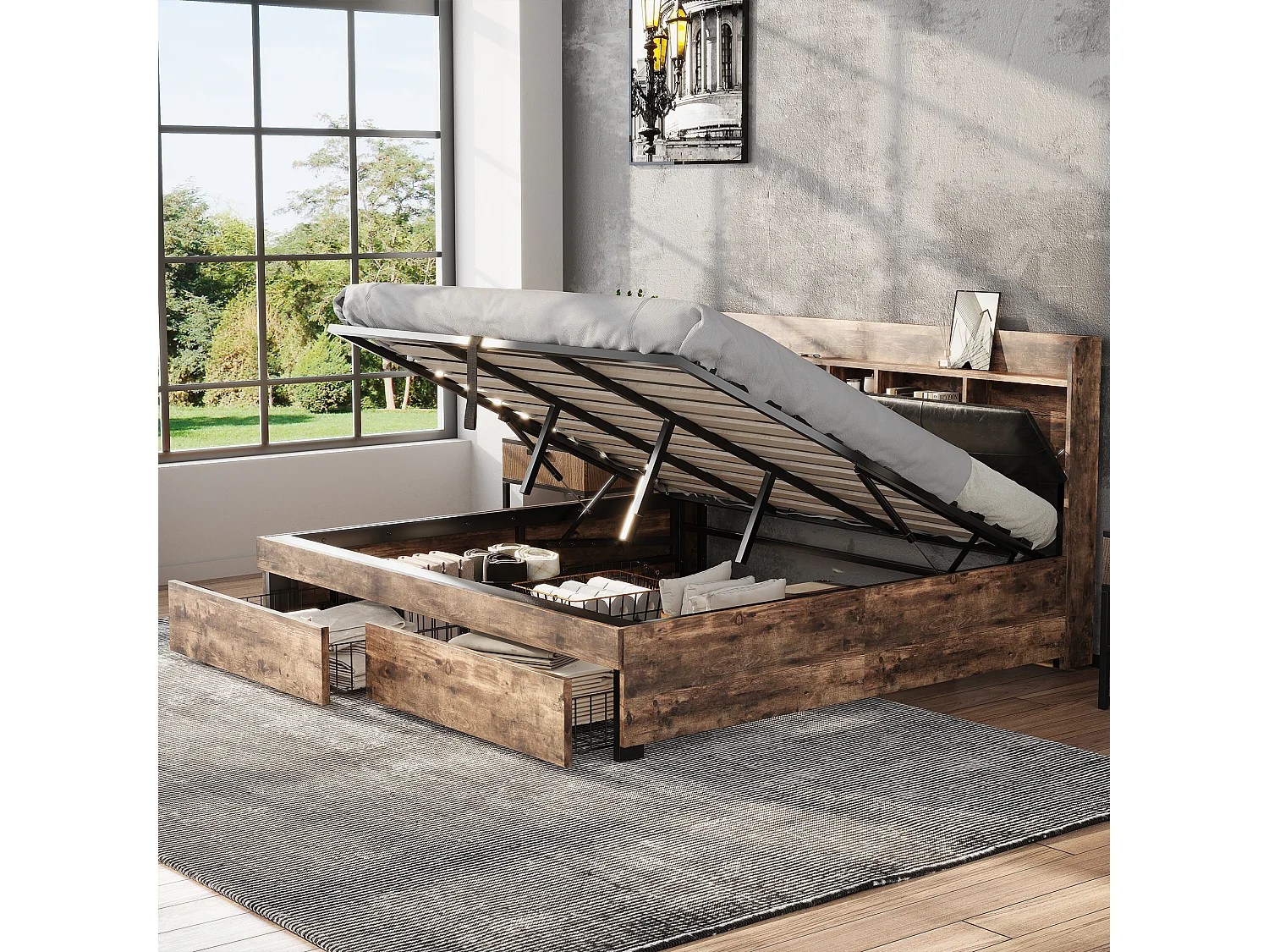 Lit coffre adulte en métal 180x200 cm avec tête de lit et sommier à lattes en métal, Bois + Noir (sans matelas)