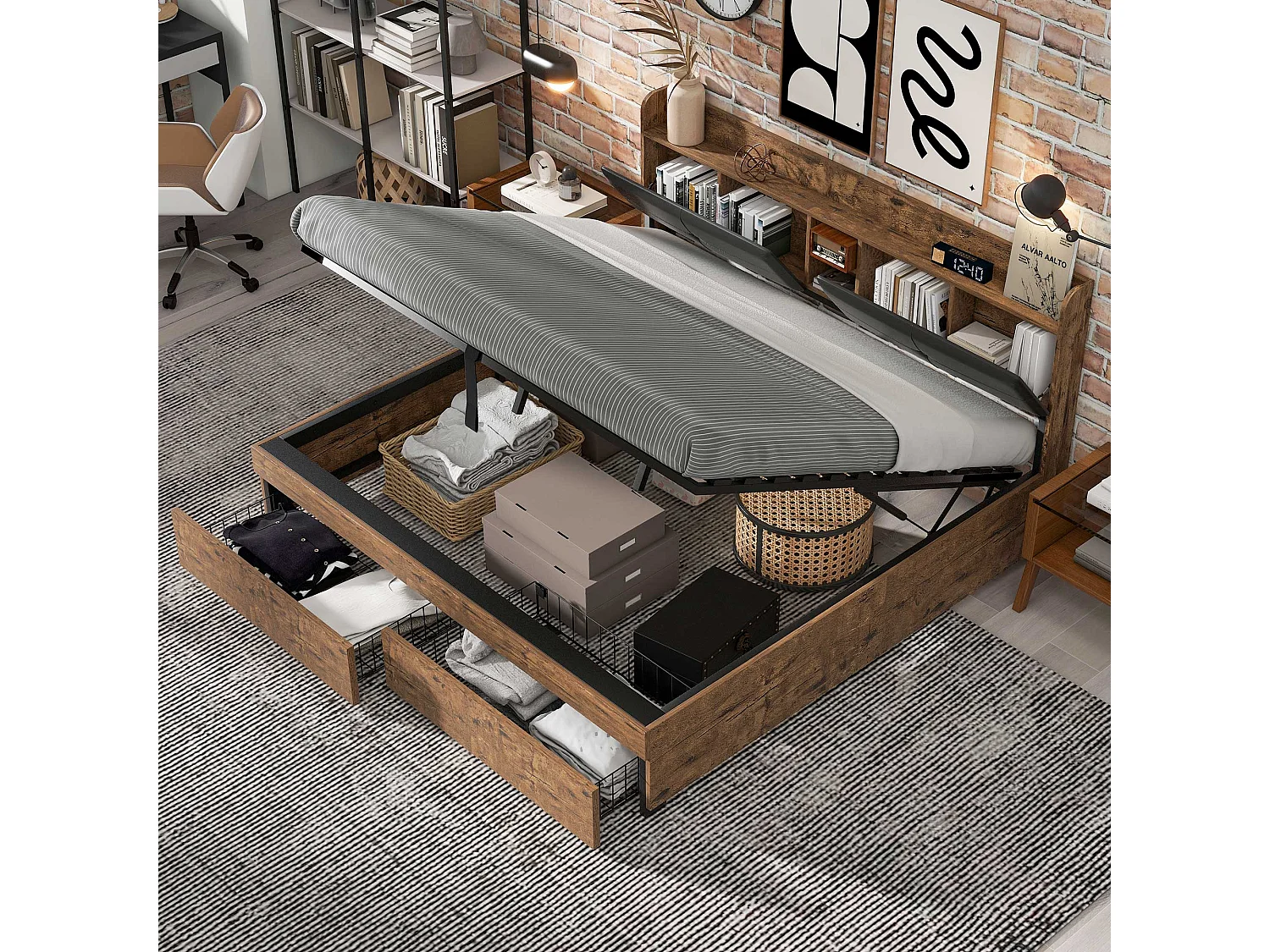 Lit coffre adulte en métal 180x200 cm avec tête de lit et sommier à lattes en métal, Bois + Noir (sans matelas)