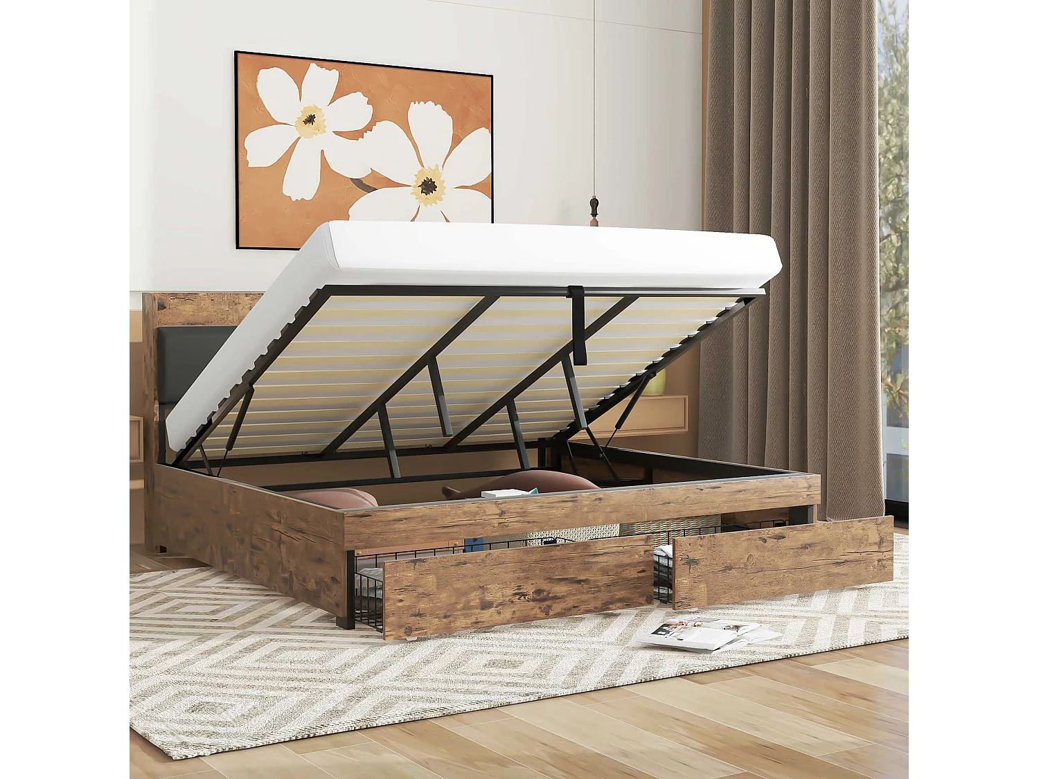 Lit coffre adulte en métal 180x200 cm avec tête de lit et sommier à lattes en métal, Bois + Noir (sans matelas)