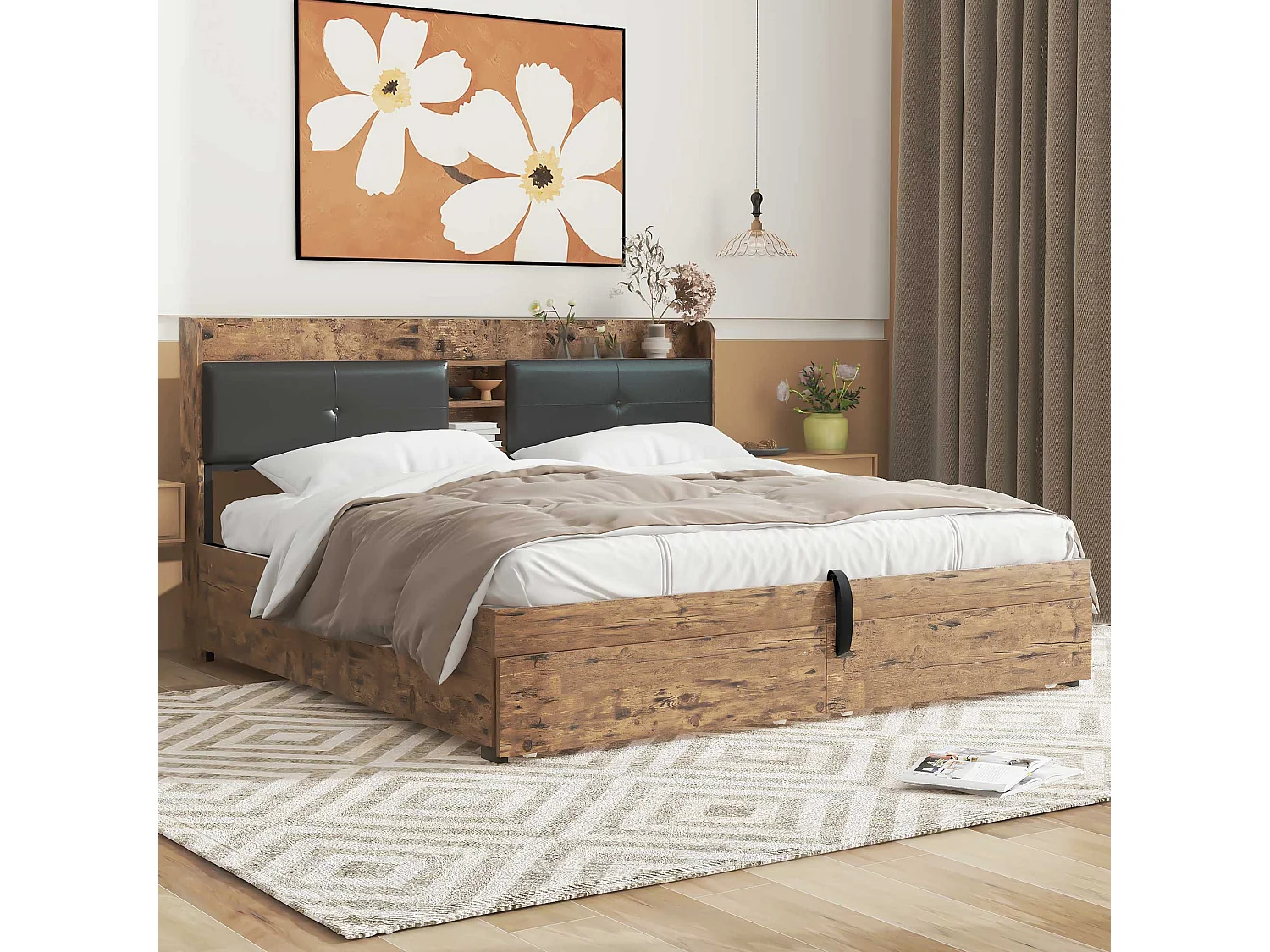 Lit coffre adulte en métal 180x200 cm avec tête de lit et sommier à lattes en métal, Bois + Noir (sans matelas)