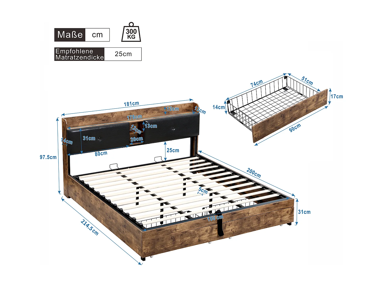 Lit coffre adulte en métal 180x200 cm avec tête de lit et sommier à lattes en métal, Bois + Noir (sans matelas)