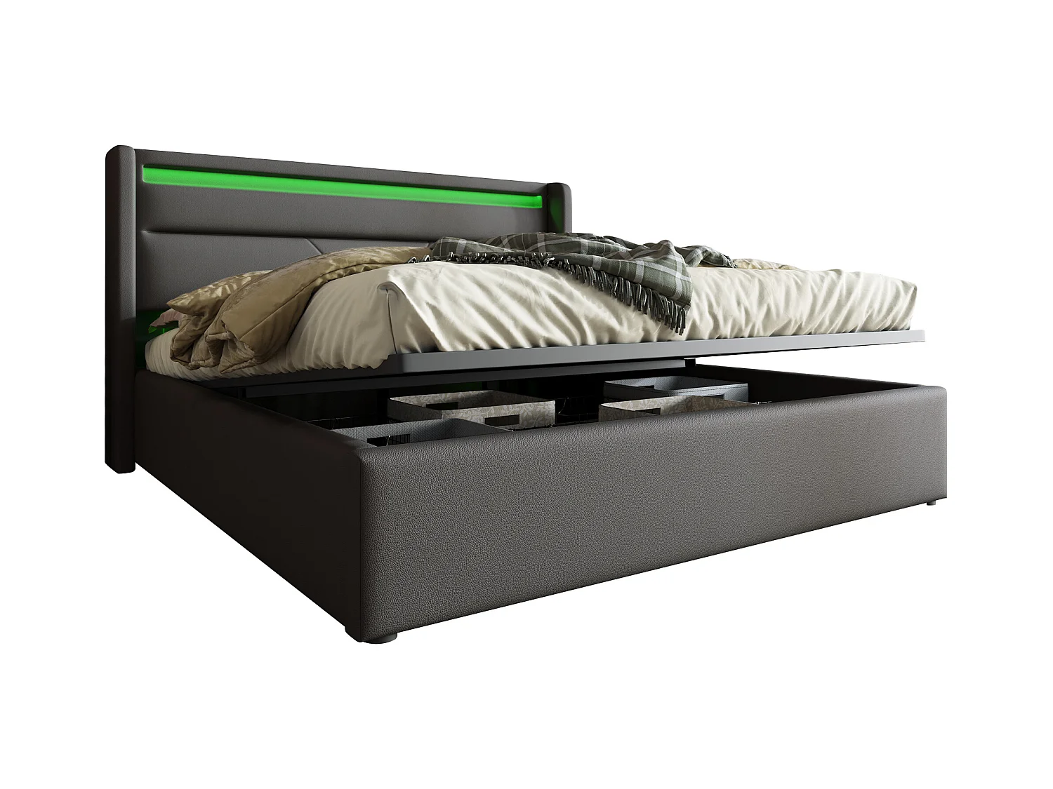 Lit coffre adulte 140x200 cm avec éclairage LED,  en PU Gris (sans matelas)