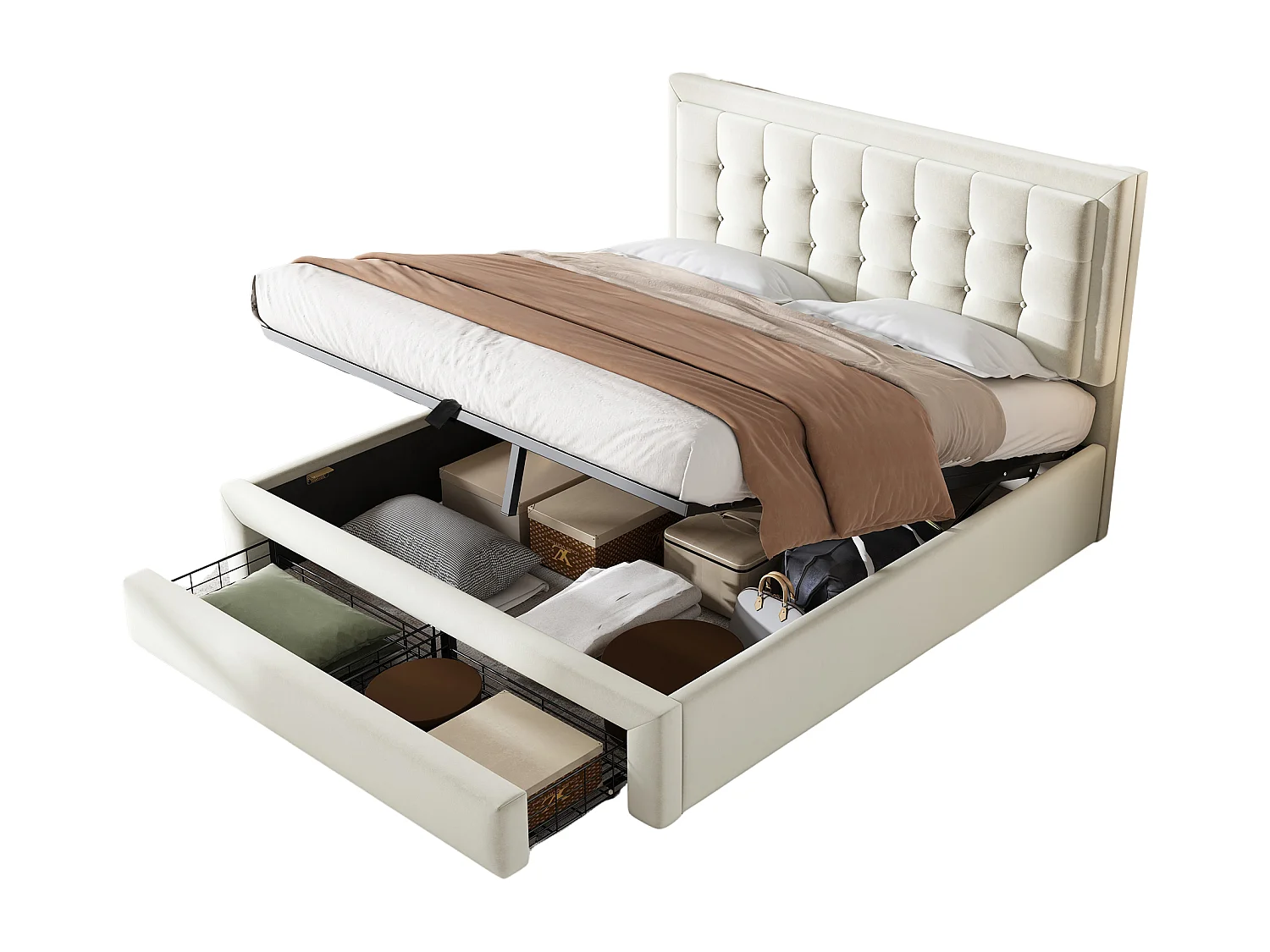 Opbergbed 140x200 cm tweepersoons met hoofdbord en lades – Beige fluweel (zonder matras)