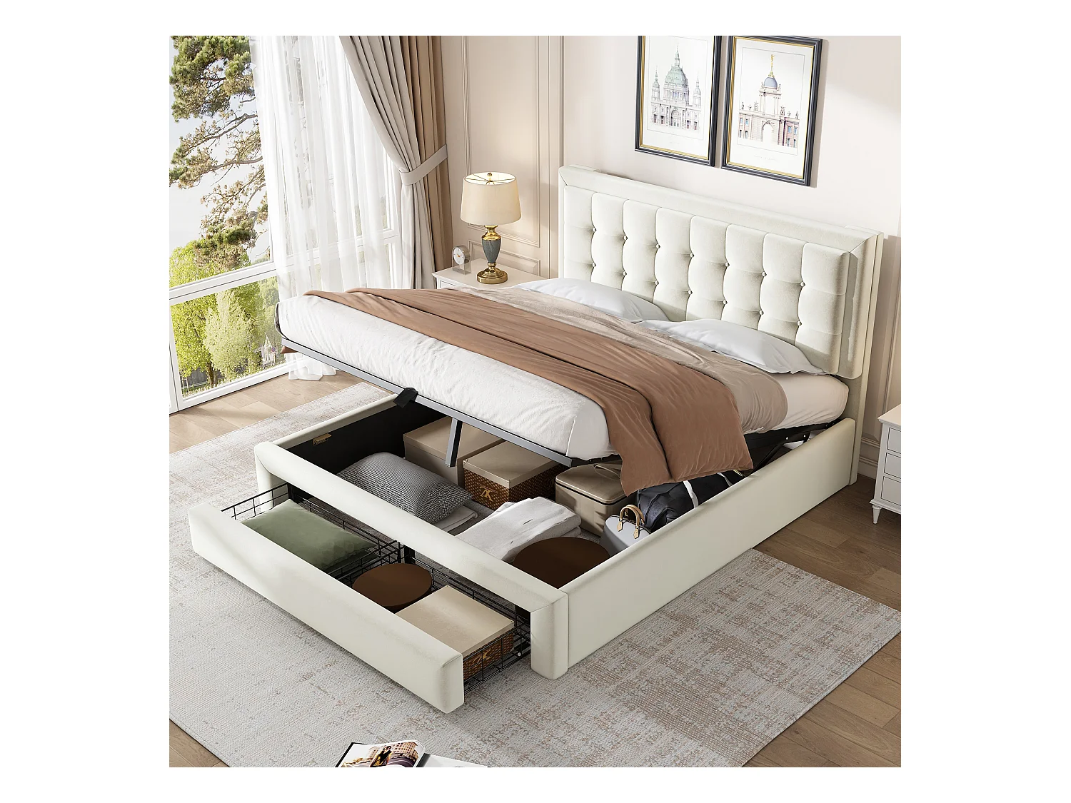 Lit coffre adulte 140x190 cm en velours beige avec tête de lit capitonné et 2 tiroirs, sans matelas