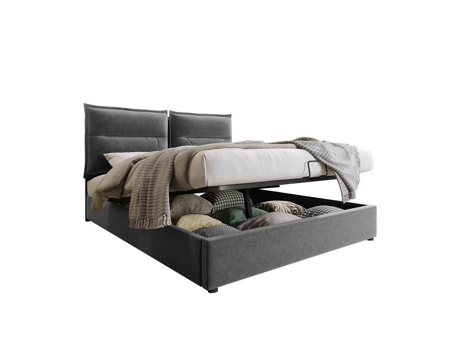 Lit coffre adulte 140x200 cm, Tête de lit réglable, Sommier en métal, Velours gris, sans matelas