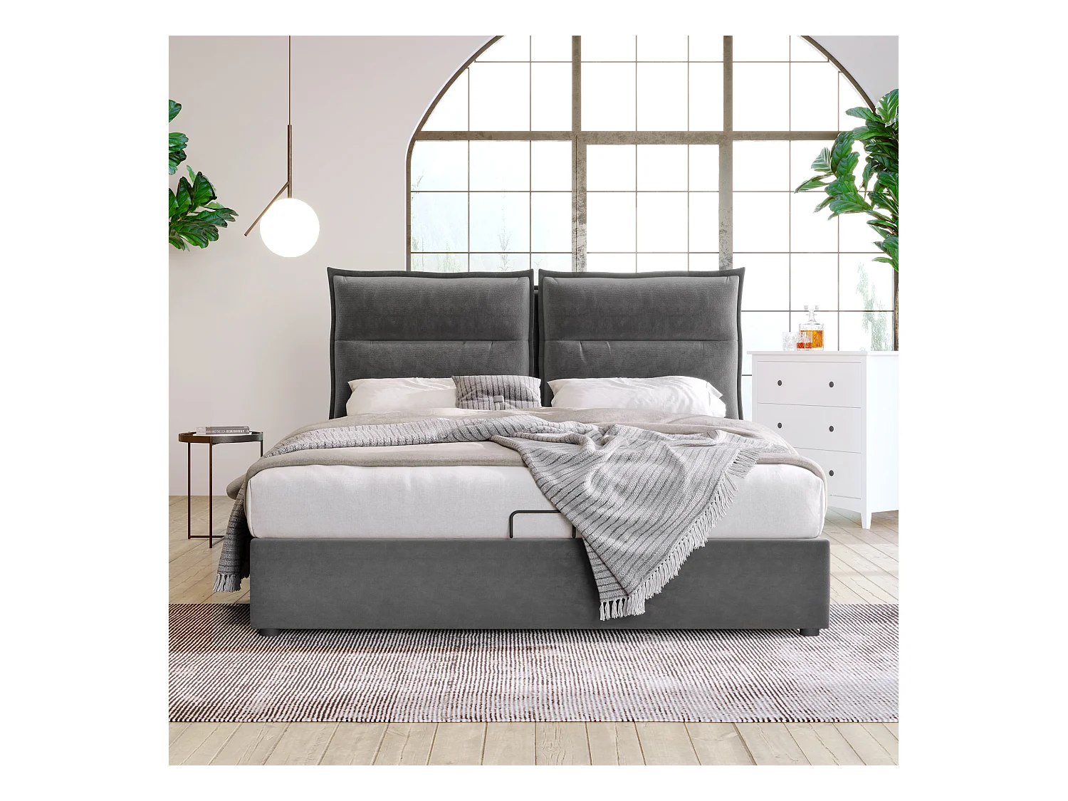 Lit coffre adulte 140x200 cm, Tête de lit réglable, Sommier en métal, Velours gris, sans matelas
