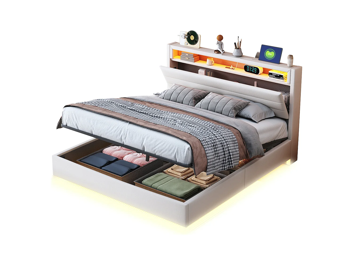 Lit coffre double 140x200 cm en lin beige - Lit flottant hydraulique avec USB,LED(sans matelas)