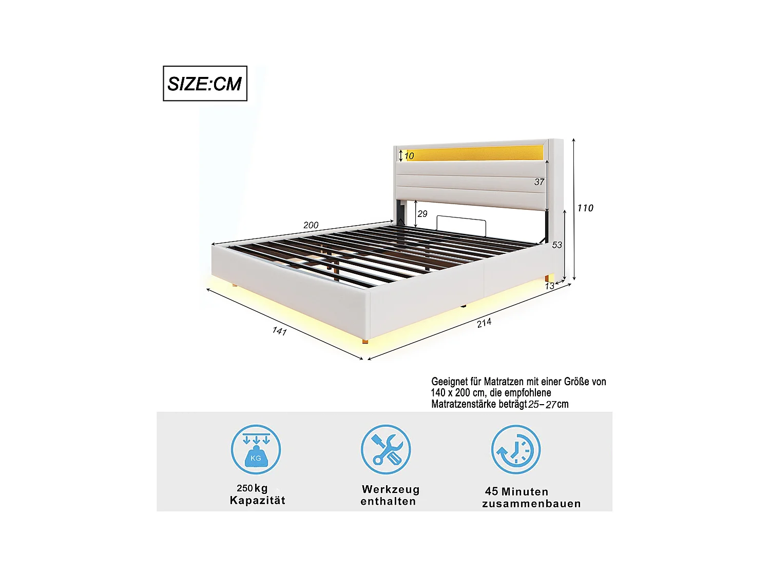 Lit coffre double 140x200 cm en lin beige - Lit flottant hydraulique avec USB,LED(sans matelas)