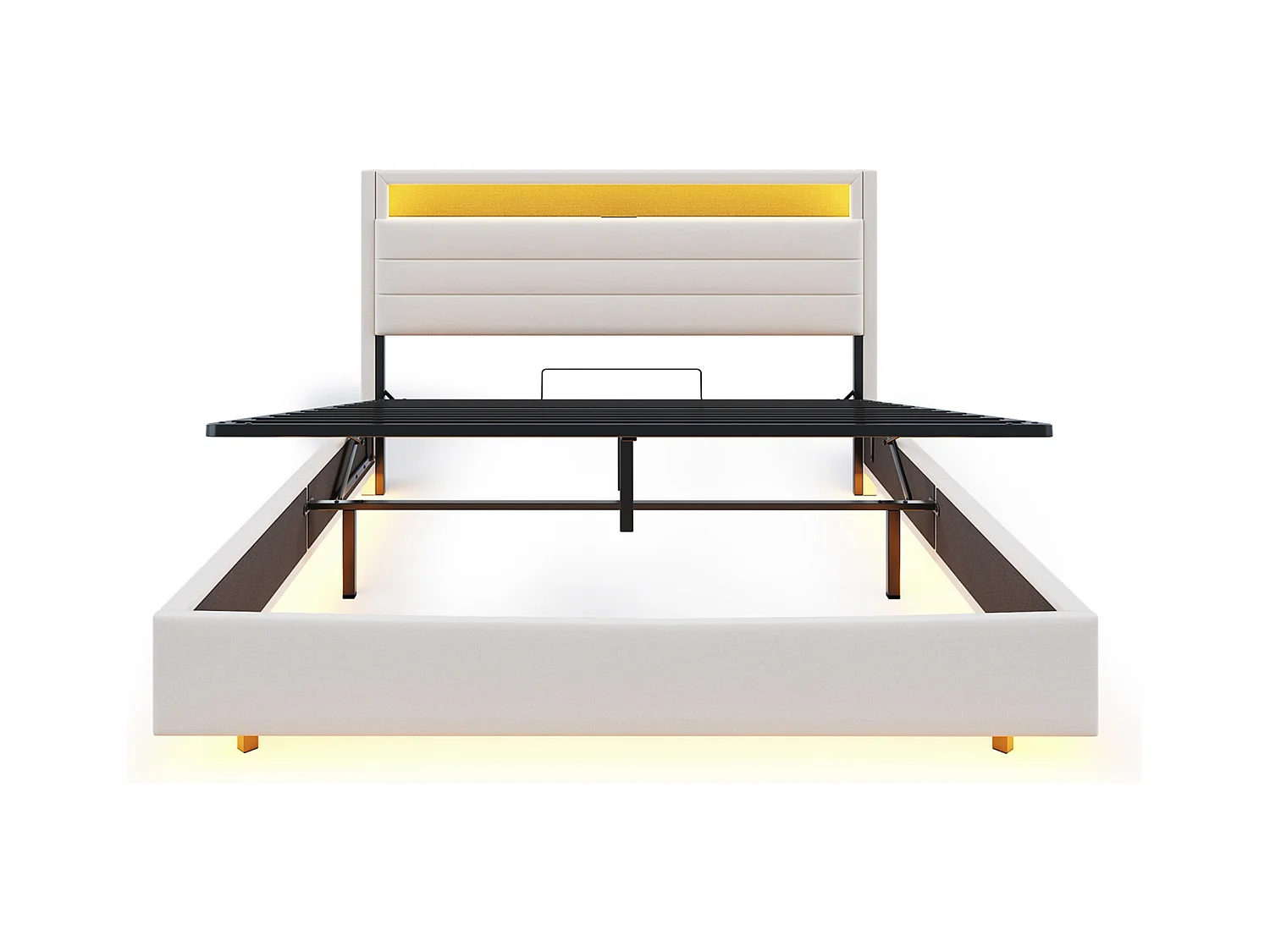 Lit coffre double 140x200 cm en lin beige - Lit flottant hydraulique avec USB,LED(sans matelas)